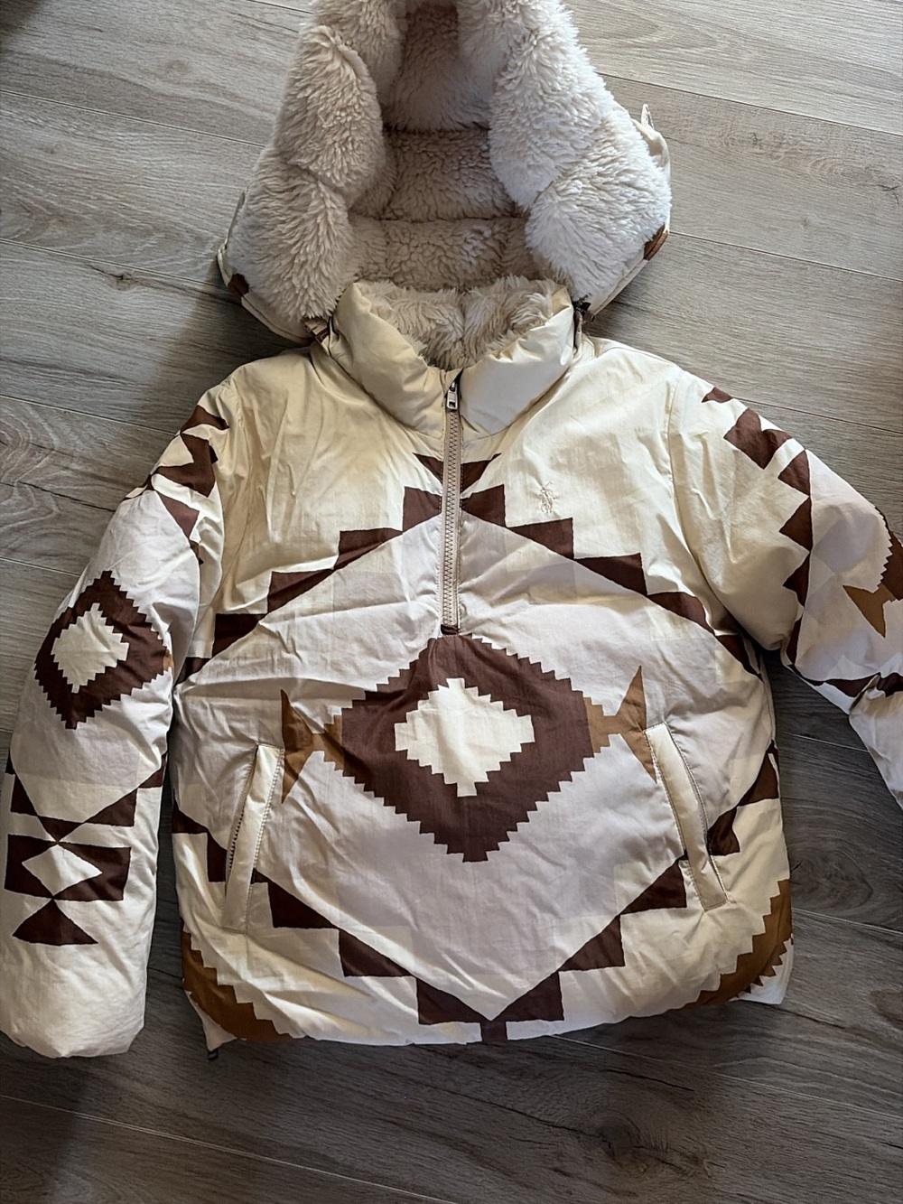 Ralph Lauren Cream and Brown Aztec Sherpa-Lined Puffer Jacket